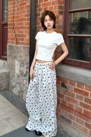 Vintage Casual Dog Print Wide-Leg Pants for Women - American Style Loose Straight Fit, Draping Effect, Versatile Summer Trousers