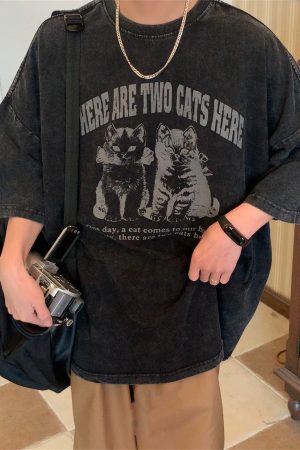 Vintage Cat Print Loose Fit Couple T-Shirt - Retro Trendy Round Neck Short Sleeve Top for Lazy Days