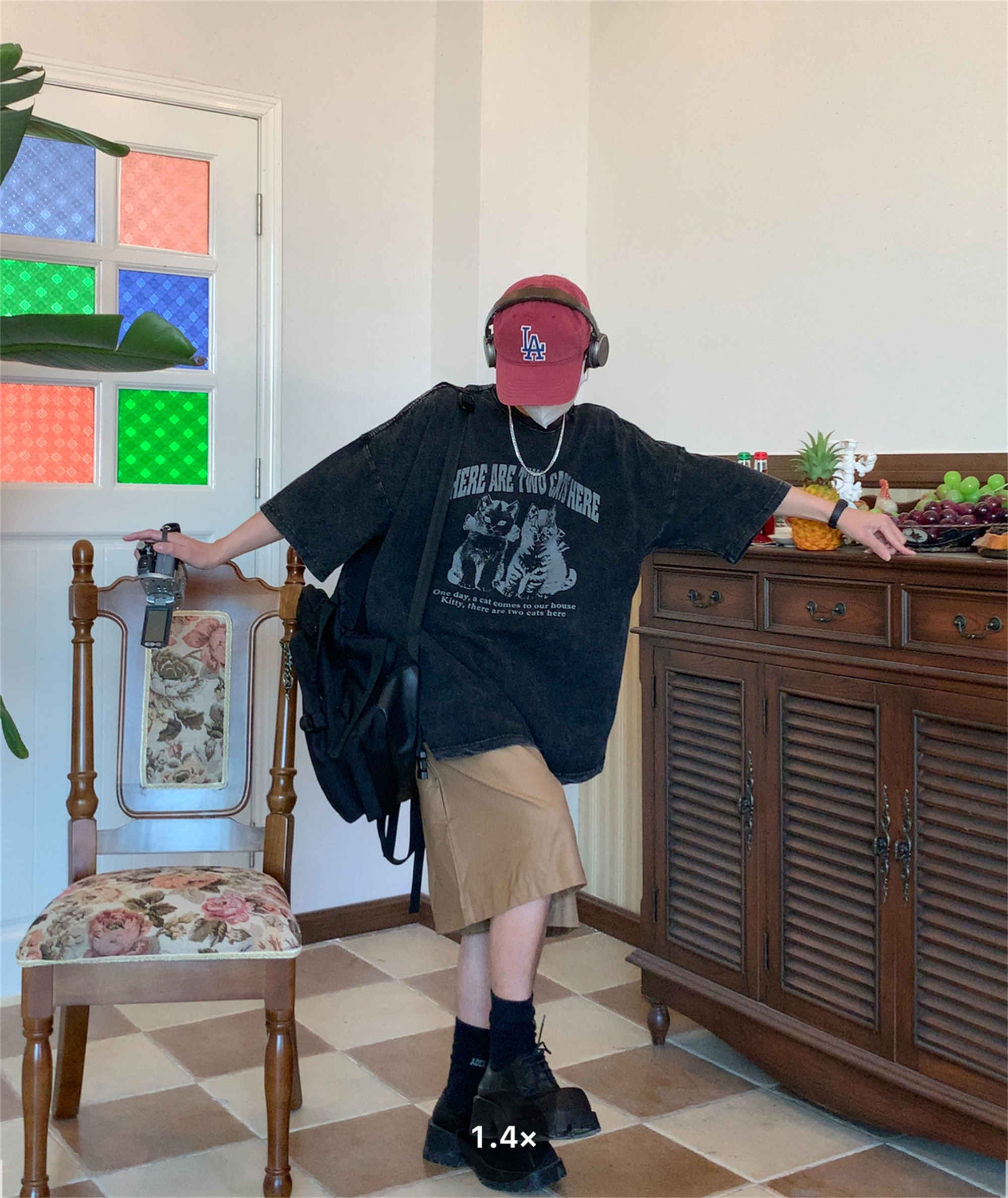 Vintage Cat Print Loose Fit Couple T-Shirt - Retro Trendy Round Neck Short Sleeve Top for Lazy Days Vintage Cat Print Loose Fit Couple T-Shirt - Retro Trendy Round Neck Short Sleeve Top for Lazy Days