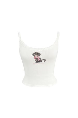 Vintage Cat Print Slim Fit T-Shirt Tank Top - Retro 90s Style, Casual Summer Wear, Trendy Y2K Fashion