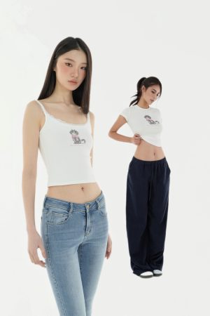 Vintage Cat Print Slim Fit T-Shirt Tank Top - Retro 90s Style, Casual Summer Wear, Trendy Y2K Fashion