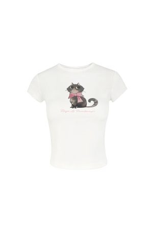 Vintage Cat Print Slim Fit T-Shirt Tank Top - Retro 90s Style, Casual Summer Wear, Trendy Y2K Fashion