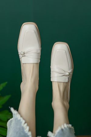 Vintage Chunky Mid-Heel Pearl Bow Single Shoes for Women - 2025 Genuine Leather Square-Toe Design, Stylish and Sophisticated