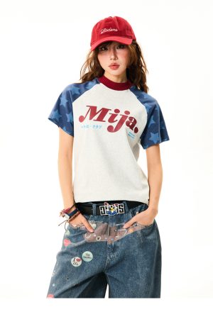 Vintage Color-Blocking Star Shoulder Short Sleeve T-Shirt for Women - Slim Fit Summer Versatile Top, Y2K Style