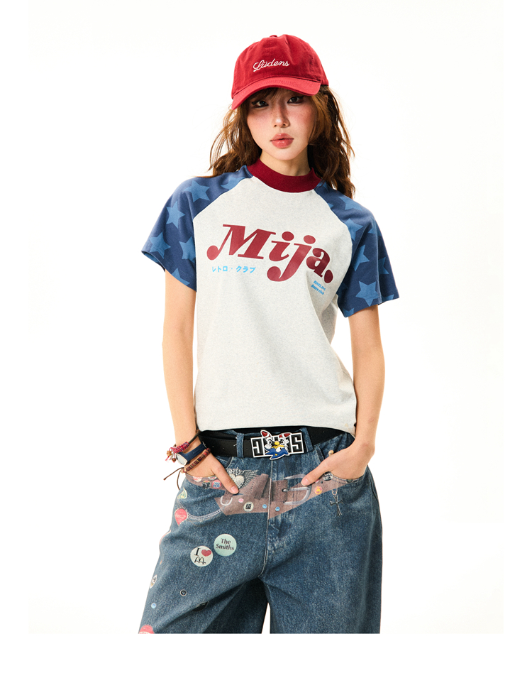 Vintage Color-Blocking Star Shoulder Short Sleeve T-Shirt for Women - Slim Fit Summer Versatile Top, Y2K Style Vintage Color-Blocking Star Shoulder Short Sleeve T-Shirt for Women - Slim Fit Summer Versatile Top, Y2K Style