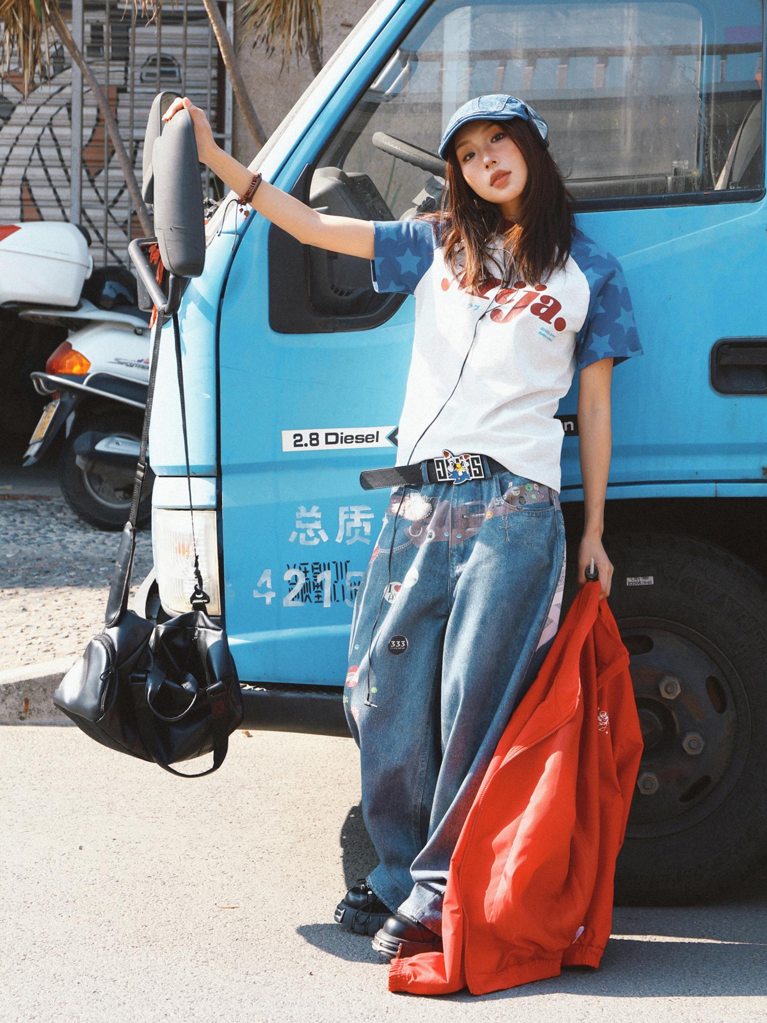 Vintage Color-Blocking Star Shoulder Short Sleeve T-Shirt for Women - Slim Fit Summer Versatile Top, Y2K Style Vintage Color-Blocking Star Shoulder Short Sleeve T-Shirt for Women - Slim Fit Summer Versatile Top, Y2K Style