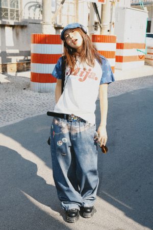 Vintage Color-Blocking Star Shoulder Short Sleeve T-Shirt for Women - Slim Fit Summer Versatile Top, Y2K Style