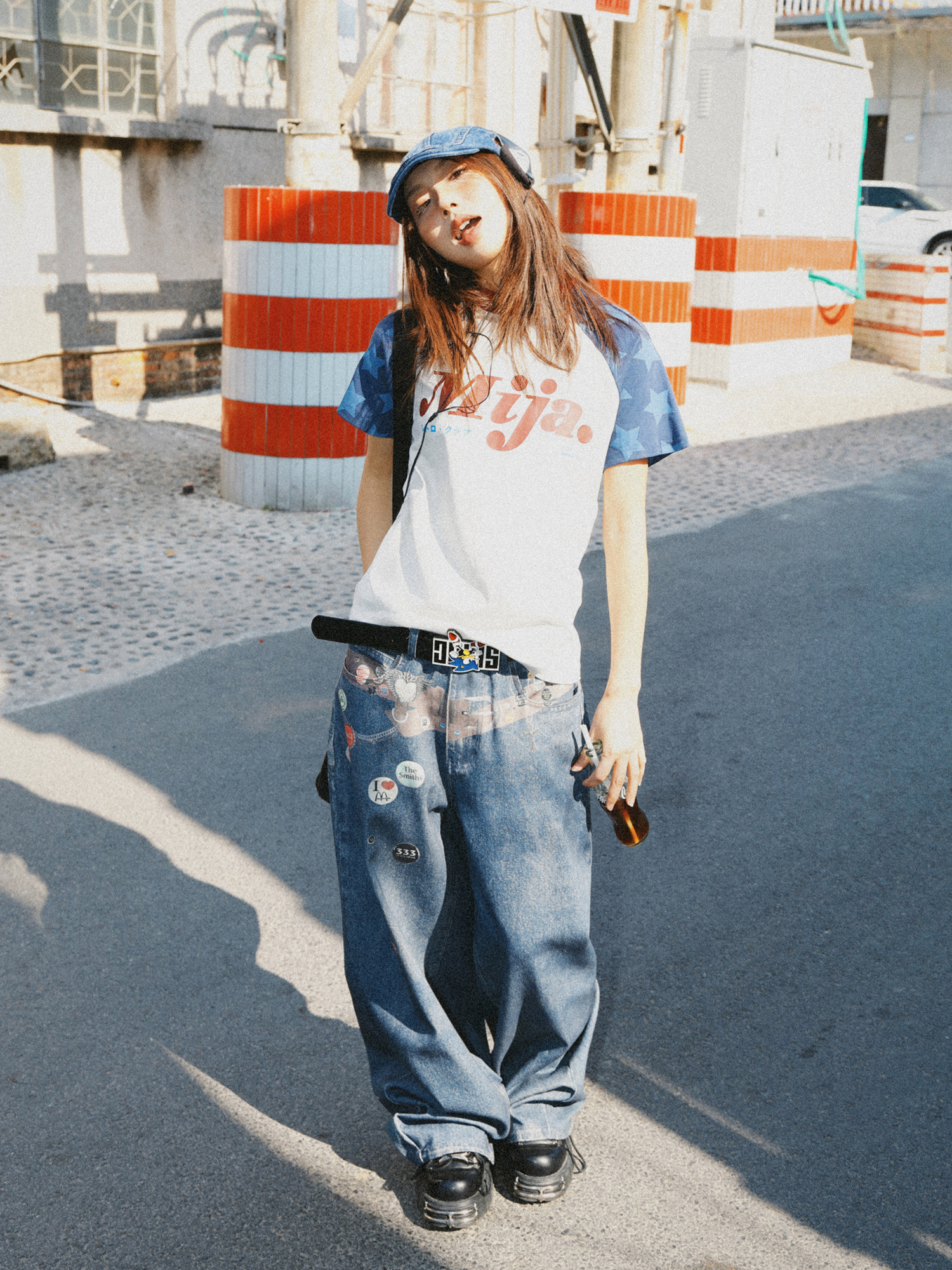 Vintage Color-Blocking Star Shoulder Short Sleeve T-Shirt for Women - Slim Fit Summer Versatile Top, Y2K Style Vintage Color-Blocking Star Shoulder Short Sleeve T-Shirt for Women - Slim Fit Summer Versatile Top, Y2K Style