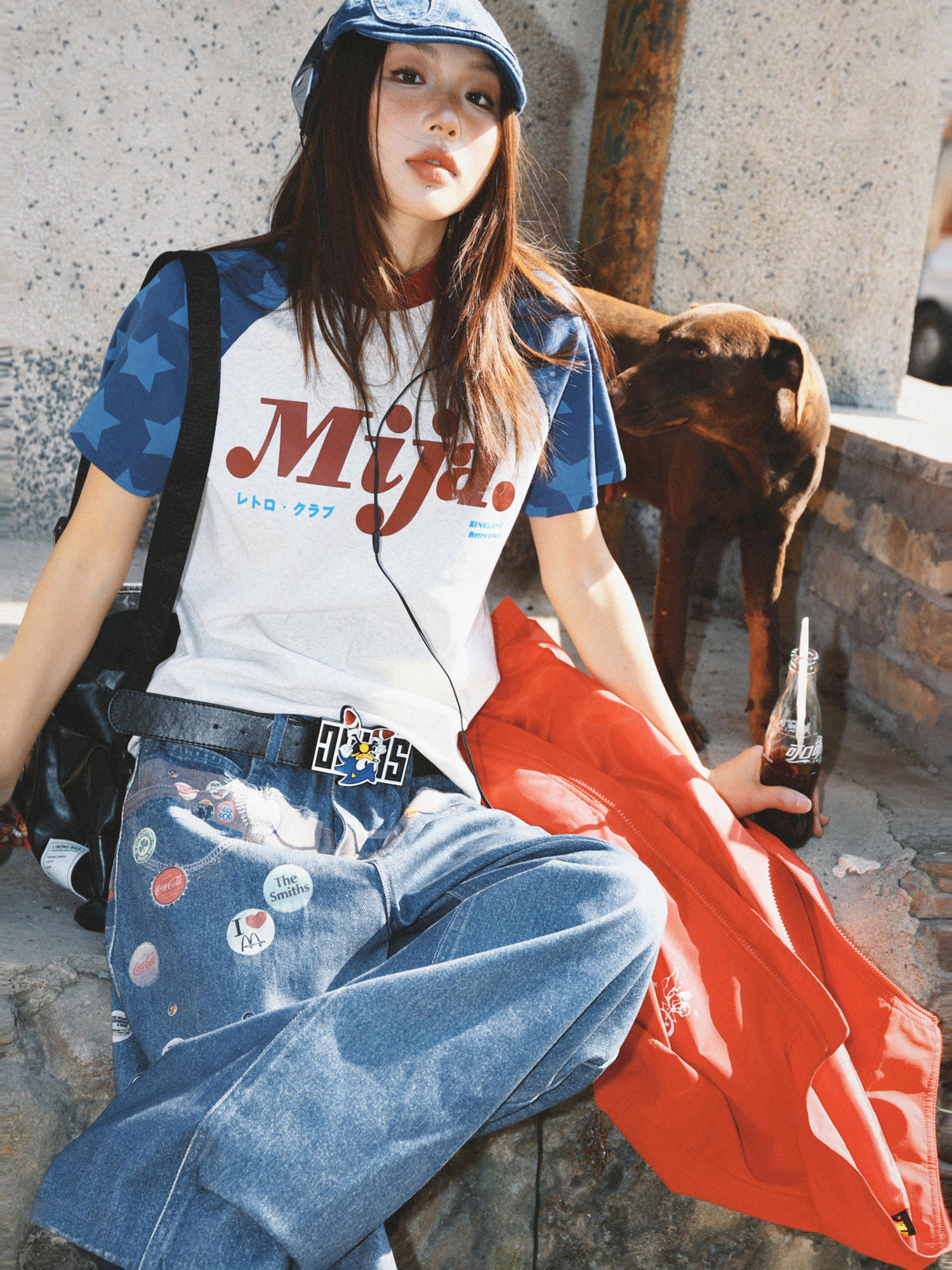 Vintage Color-Blocking Star Shoulder Short Sleeve T-Shirt for Women - Slim Fit Summer Versatile Top, Y2K Style Vintage Color-Blocking Star Shoulder Short Sleeve T-Shirt for Women - Slim Fit Summer Versatile Top, Y2K Style