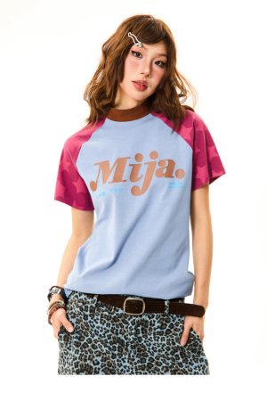 Vintage Color-Blocking Star Shoulder Short Sleeve T-Shirt for Women - Slim Fit Summer Versatile Top, Y2K Style