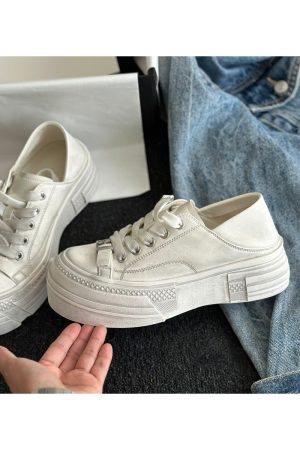 Vintage Cowhide Thick-Soled White Lace-Up Casual Sports Shoes for Petite Sizes - Versatile Canvas Style