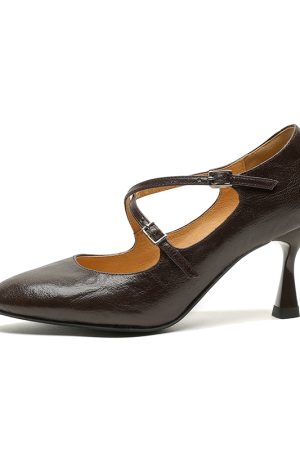 Vintage Cross-Strap Thin-Heeled High Heels for Women - 2025 Spring Summer Shallow Mouth Wine Red Shoes