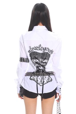 Vintage Dark Style Printed Tie Waist Shirt Blouse for Women - Sexy Summer Niche Design, Retro Y2K Inspired Fashion