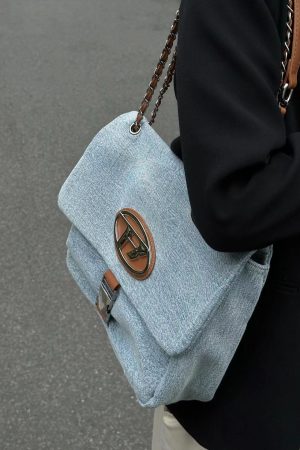 Vintage Denim Chain Strap Crossbody Bag for Women - Large Capacity Casual Underarm Commuting Bag 2023