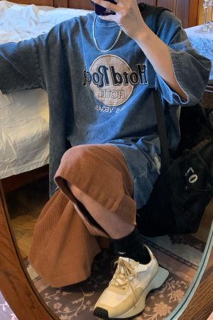 Vintage Denim Rock Style Loose Short Sleeve T-Shirt for Summer 2024 - Handmade Wash-Worn Casual Look