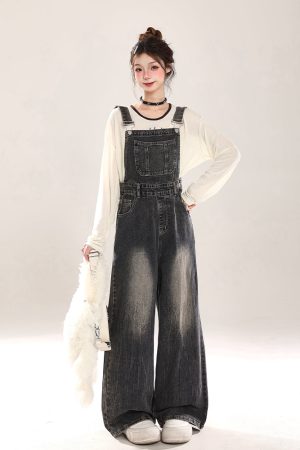 Vintage Distressed Denim Overalls for Women, Loose Wide-Leg Straight Jumpsuit, Spring Summer 2025, Retro 90s Style