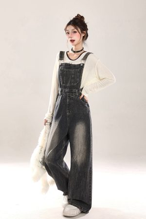 Vintage Distressed Denim Overalls for Women, Loose Wide-Leg Straight Jumpsuit, Spring Summer 2025, Retro 90s Style