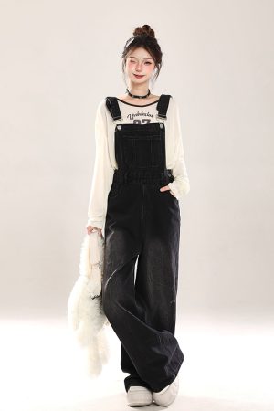 Vintage Distressed Denim Overalls for Women, Loose Wide-Leg Straight Jumpsuit, Spring Summer 2025, Retro 90s Style