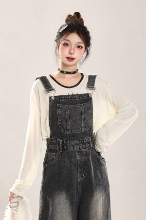 Vintage Distressed Denim Overalls for Women, Loose Wide-Leg Straight Jumpsuit, Spring Summer 2025, Retro 90s Style