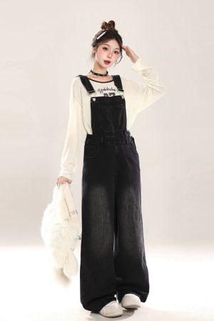 Vintage Distressed Denim Overalls for Women, Loose Wide-Leg Straight Jumpsuit, Spring Summer 2025, Retro 90s Style