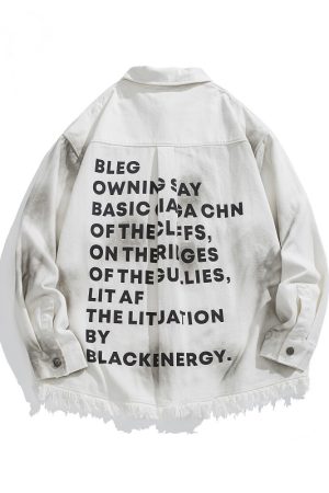 Vintage Distressed Letter Print Long Sleeve Frayed Shirt - Unisex Relaxed Fit Streetwear Jacket