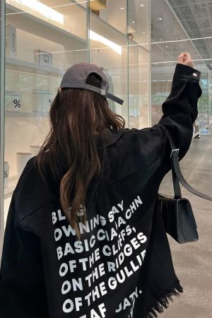 Vintage Distressed Letter Print Long Sleeve Frayed Shirt - Unisex Relaxed Fit Streetwear Jacket