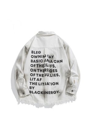 Vintage Distressed Letter Print Long Sleeve Frayed Shirt - Unisex Relaxed Fit Streetwear Jacket