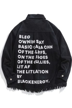 Vintage Distressed Letter Print Long Sleeve Frayed Shirt - Unisex Relaxed Fit Streetwear Jacket