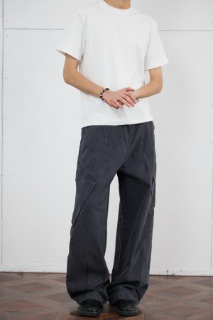 Vintage Distressed Loose-Fit Work Pants for Men - Wide Straight-Leg Trousers in American Casual Style