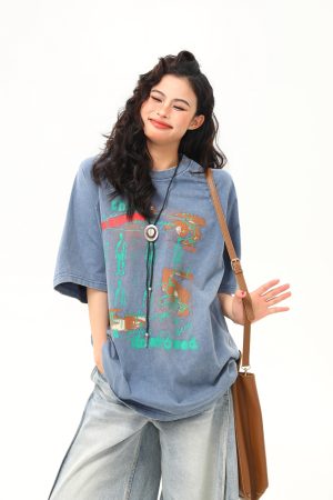 Vintage Distressed Printed Short Sleeve T-Shirt for Men and Women, Loose Fit Couple Tee, Retro American Style, Casual Fashion