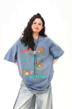 Vintage Distressed Printed Short Sleeve T-Shirt for Men and Women, Loose Fit Couple Tee, Retro American Style, Casual Fashion