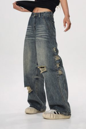 Vintage Distressed Ripped Jeans for Women - Loose Straight Leg Flared Pants, Casual 90s American Style