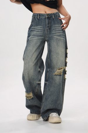 Vintage Distressed Ripped Jeans for Women - Loose Straight Leg Flared Pants, Casual 90s American Style