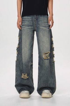 Vintage Distressed Ripped Jeans for Women - Loose Straight Leg Flared Pants, Casual 90s American Style