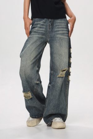 Vintage Distressed Ripped Jeans for Women - Loose Straight Leg Flared Pants, Casual 90s American Style