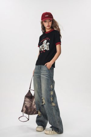 Vintage Distressed Ripped Jeans for Women - Loose Straight Leg Flared Pants, Casual 90s American Style