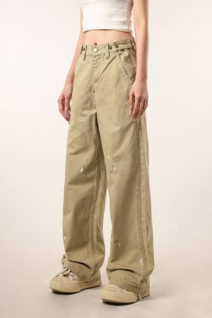 Vintage Distressed Straight Leg Work Pants for Women - Flared Casual Slim Fit Trousers for Men - Retro Beer Captain Style