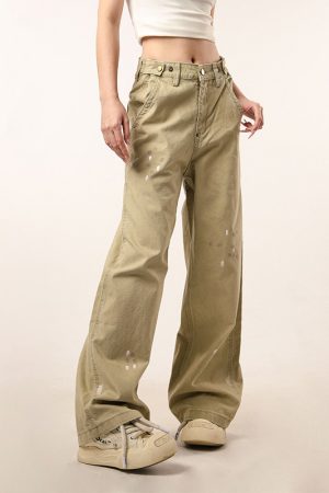 Vintage Distressed Straight Leg Work Pants for Women - Flared Casual Slim Fit Trousers for Men - Retro Beer Captain Style