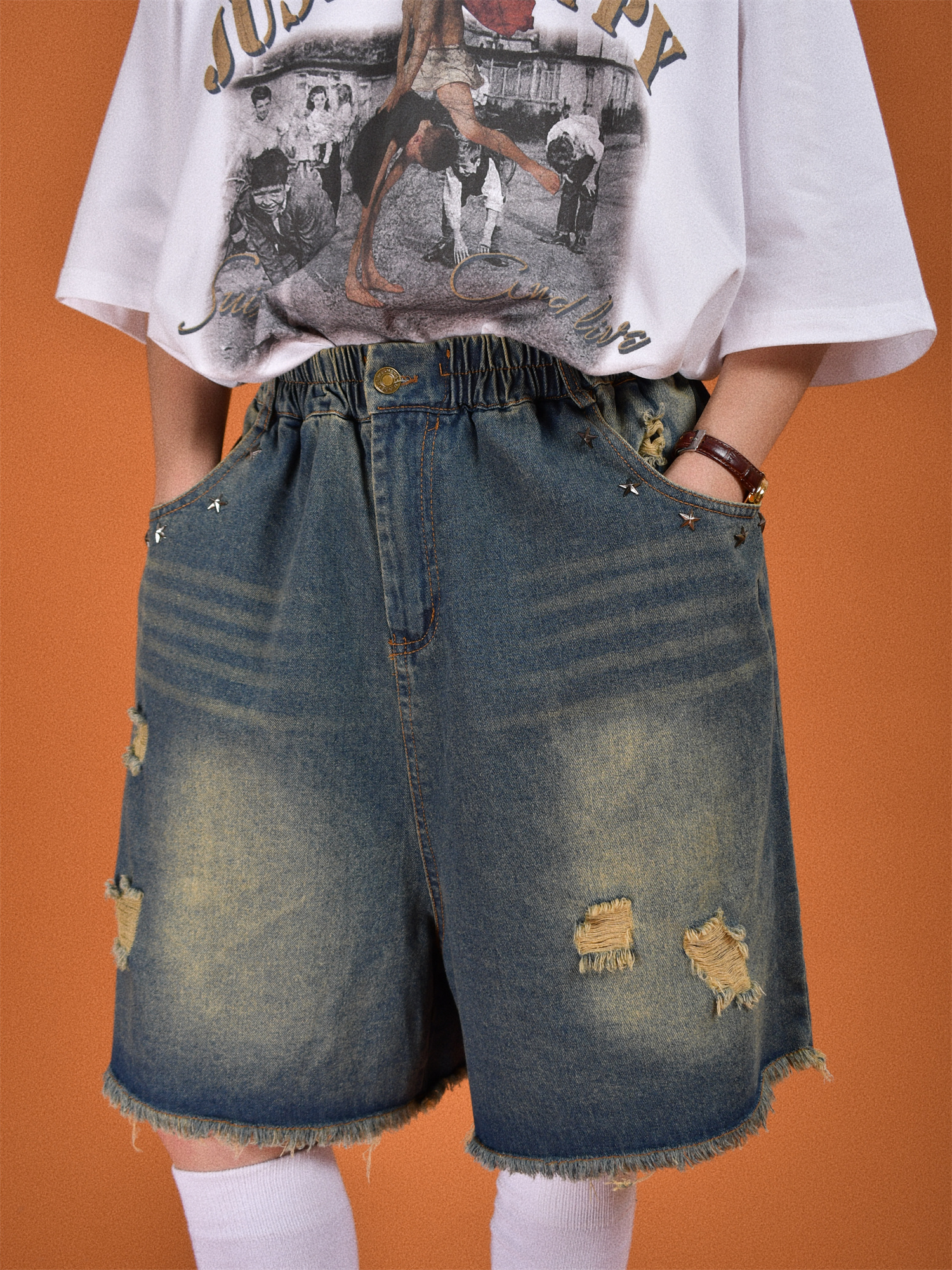 Vintage Distressed Wash Five-Point Shorts for Men - Trendy Summer Thin Straight Leg Jeans with Cat Scratch Hole Design Vintage Distressed Wash Five-Point Shorts for Men - Trendy Summer Thin Straight Leg Jeans with Cat Scratch Hole Design