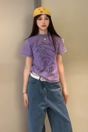 Vintage Dolphin Print Short Sleeve T-Shirt for Women, Slim Fit Summer Top, Round Neck Trendy Casual Style