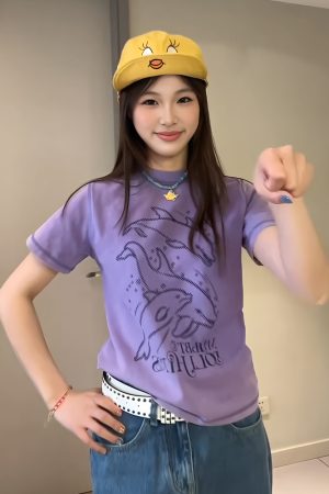 Vintage Dolphin Print Short Sleeve T-Shirt for Women, Slim Fit Summer Top, Round Neck Trendy Casual Style