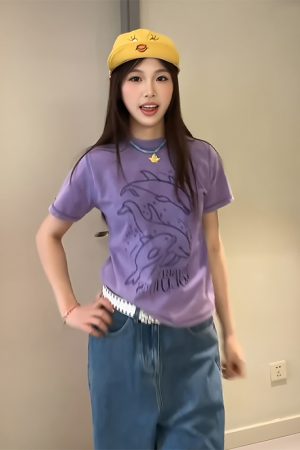 Vintage Dolphin Print Short Sleeve T-Shirt for Women, Slim Fit Summer Top, Round Neck Trendy Casual Style