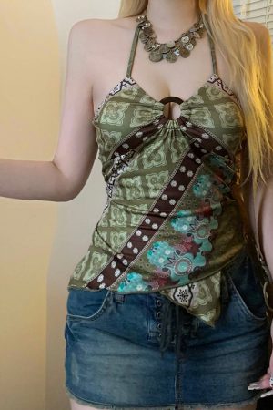 Vintage Elements Irregular Pattern Neckline Backless Women's Tank Top with Round Ring Buckle - Y2K Inspired Fashion