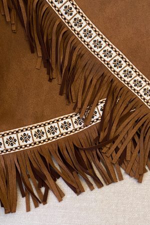 Vintage Ethnic Style Embroidered Tassel Short Skirt - Irregular Hem Suede Feel Bohemian Half Skirt for 90s Y2K Fashion