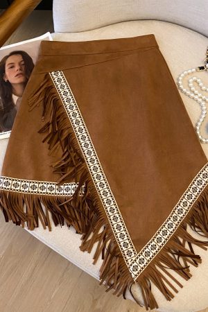 Vintage Ethnic Style Embroidered Tassel Short Skirt - Irregular Hem Suede Feel Bohemian Half Skirt for 90s Y2K Fashion