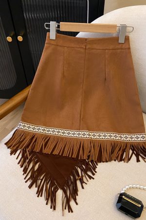Vintage Ethnic Style Embroidered Tassel Short Skirt - Irregular Hem Suede Feel Bohemian Half Skirt for 90s Y2K Fashion