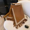 Vintage Ethnic Style Embroidered Tassel Short Skirt - Irregular Hem Suede Feel Bohemian Half Skirt for 90s Y2K Fashion