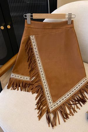 Vintage Ethnic Style Embroidered Tassel Short Skirt - Irregular Hem Suede Feel Bohemian Half Skirt for 90s Y2K Fashion