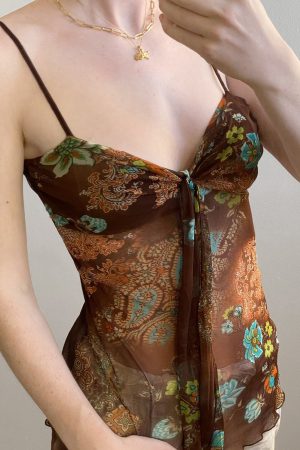 Vintage Ethnic Style Totem Mesh Camisole with Twisted Knot, Flowing Straps, and Low Neckline - Retro Fitted Waist Vest for Y2K Fashion