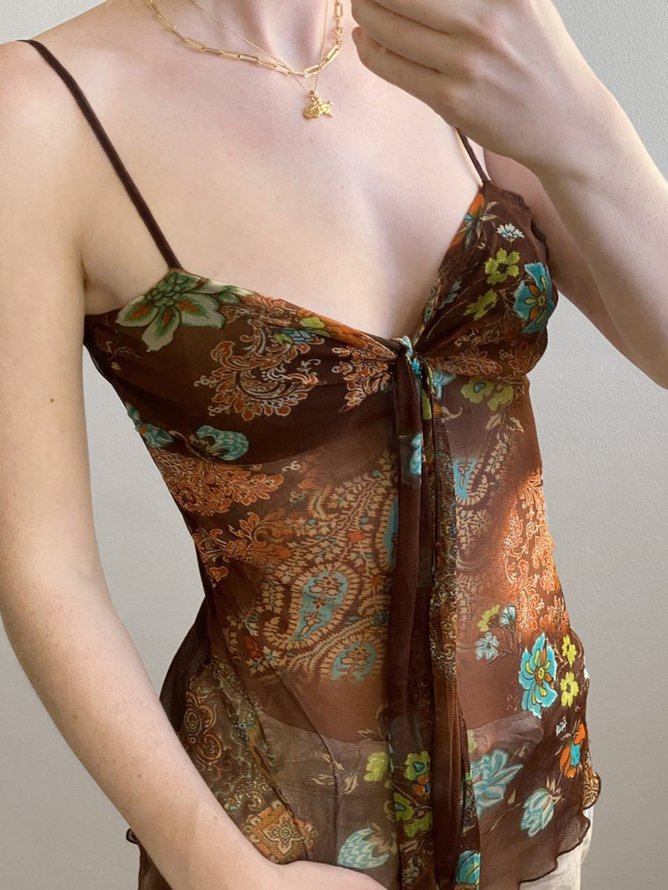 Vintage Ethnic Style Totem Mesh Camisole with Twisted Knot, Flowing Straps, and Low Neckline - Retro Fitted Waist Vest for Y2K Fashion Vintage Ethnic Style Totem Mesh Camisole with Twisted Knot, Flowing Straps, and Low Neckline - Retro Fitted Waist Vest for Y2K Fashion